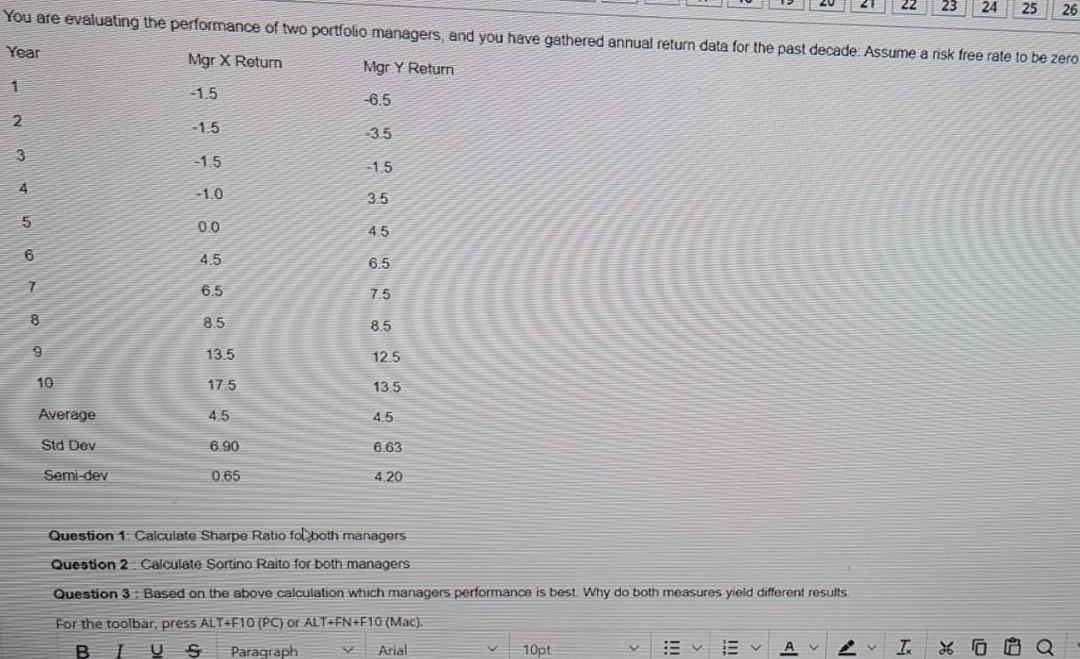 24 25 26 You Are Evaluating The Performance Of Two Portfolio Managers And You Have Gathered Annual Return Data For The 1
