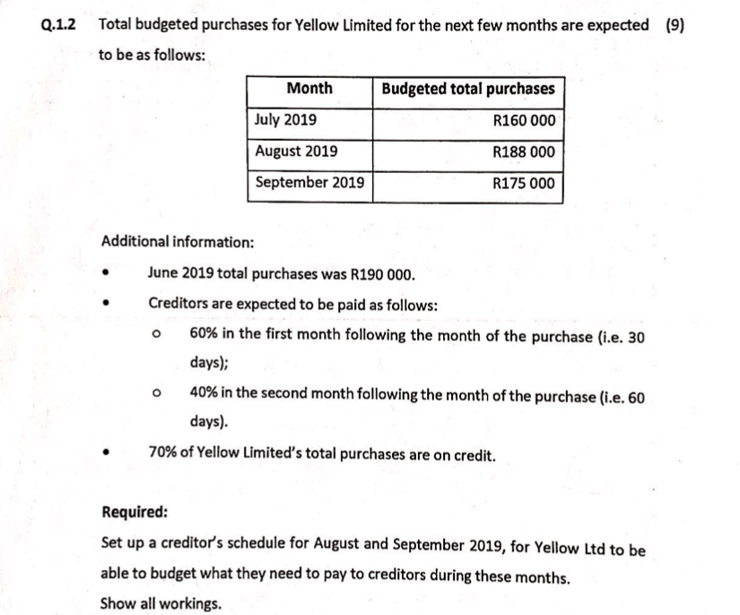 Q 1 2 Total Budgeted Purchases For Yellow Limited For The Next Few Months Are Expected 9 To Be As Follows Month Budge 1