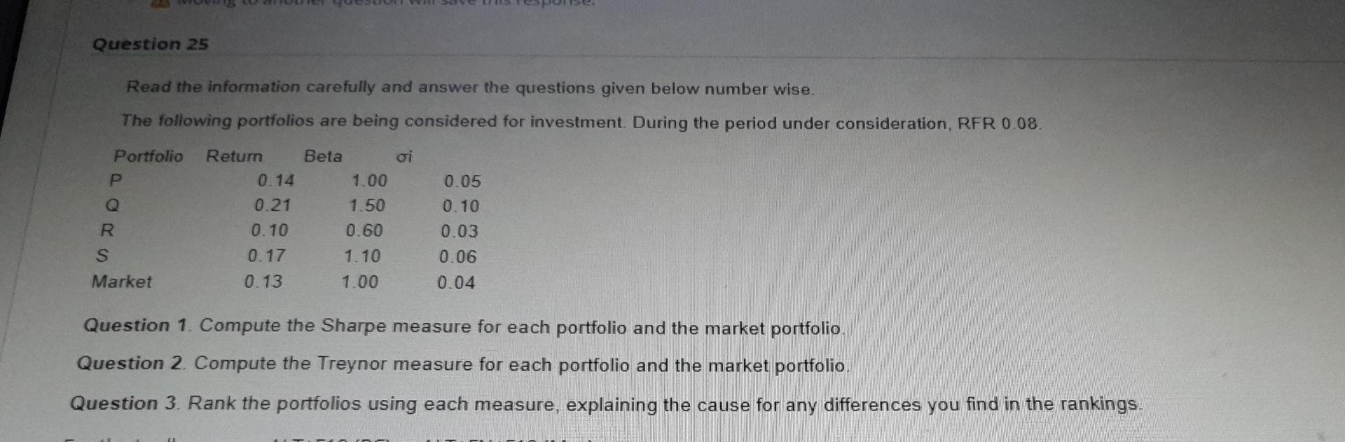 Question 25 Read The Information Carefully And Answer The Questions Given Below Number Wise The Following Portfolios Ar 1