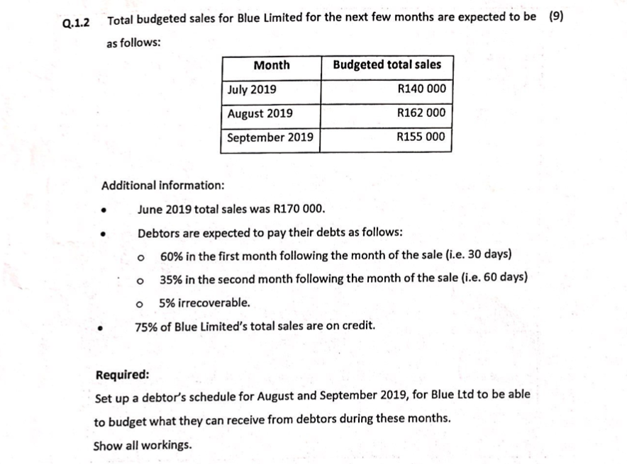 Q 1 2 Total Budgeted Sales For Blue Limited For The Next Few Months Are Expected To Be 9 As Follows Month Budgeted To 1