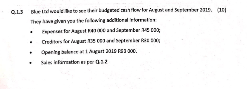 Q 1 3 Blue Ltd Would Like To See Their Budgeted Cash Flow For August And September 2019 10 They Have Given You The Fo 1