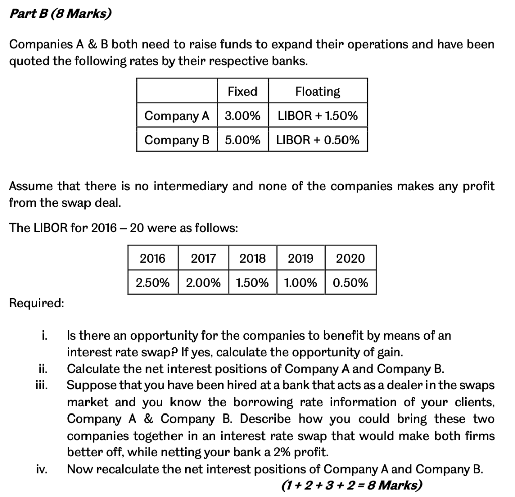 Part B 8 Marks Companies A B Both Need To Raise Funds To Expand Their Operations And Have Been Quoted The Following 1