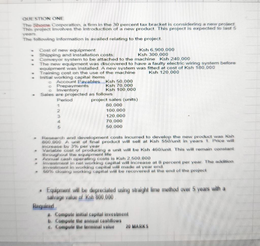 Question One The Shome Corporation A Firm In The 30 Percent Tax Bracket Is Considering A New Project This Project Invol 1