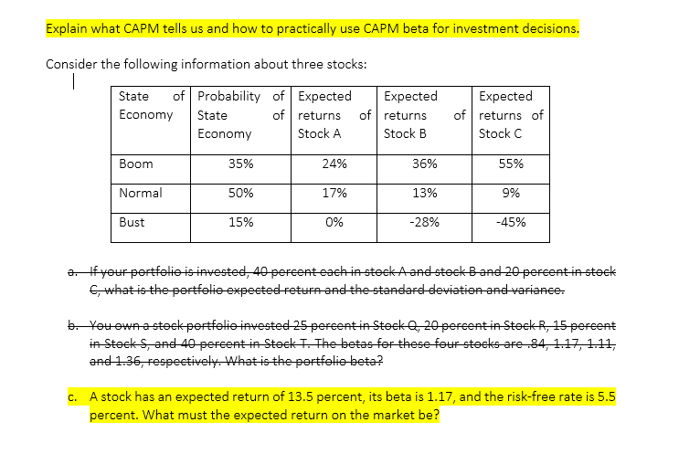 Explain What Capm Tells Us And How To Practically Use Capm Beta For Investment Decisions Consider The Following Informa 1