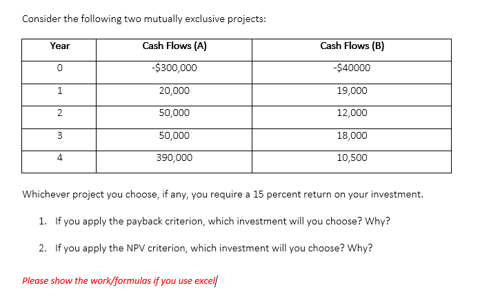 Consider The Following Two Mutually Exclusive Projects Year Cash Flows A Cash Flows B 0 300 000 40000 1 20 000 1