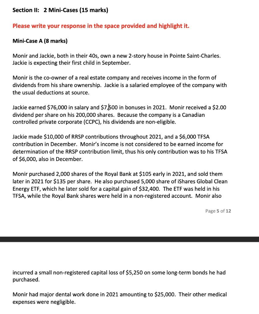Section Ii 2 Mini Cases 15 Marks Please Write Your Response In The Space Provided And Highlight It Mini Case A 8 Ma 1