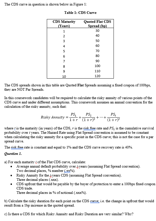 The Cds Curve In Question Is Shown Below In Figure 1 Quoted Flat Cds Cds Maturity Years Spread Bp 1 30 2 40 50 60 7 1