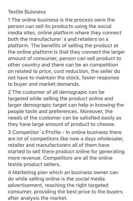 Textile Buisness 1 The Online Business Is The Process Were The Person Can Sell Its Products Using The Social Media Sites 2