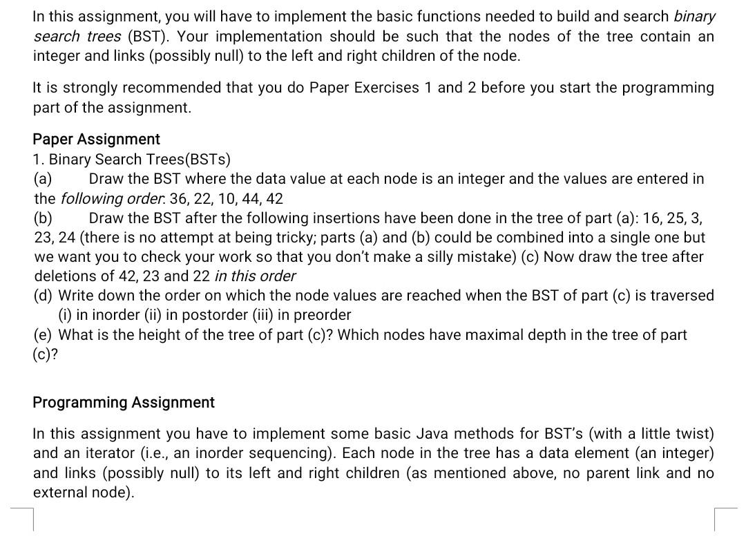Programming Assignment In This Assignment You Have To Implement Some Basic Java Methods For Bst S With A Little Twist 2