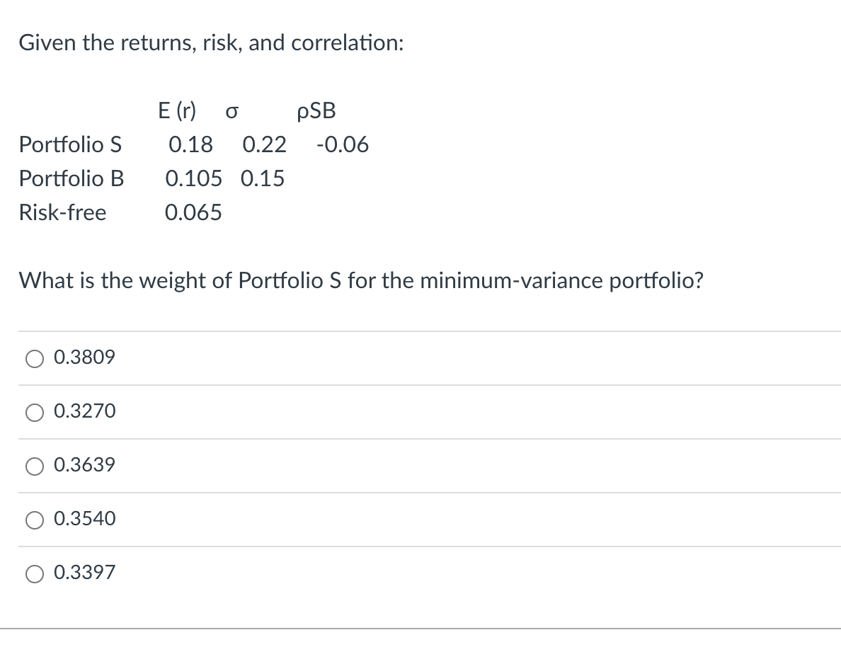 Given The Following Expectations For Return Risk And Correlation E R O Psb Portfolio S 0 22 0 17 0 25 Portfolio B 0 2
