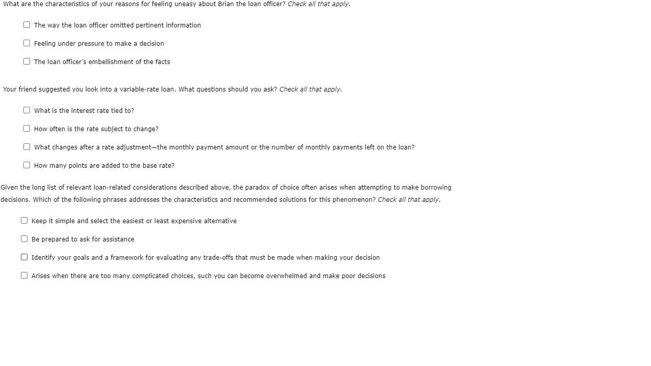 What Are The Characteristics Of Your Reasons For Feeling Uneasy About Brian The Loan Officer Check All That Apply The 1