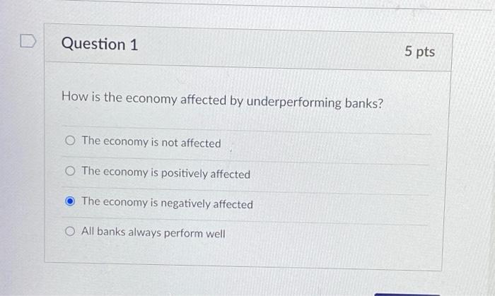 Question 1 How Is The Economy Affected By Underperforming Banks O The Economy Is Not Affected O The Economy Is Positive 1
