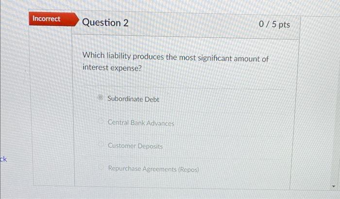 Ck Incorrect Question 2 Which Liability Produces The Most Significant Amount Of Interest Expense Subordinate Debt Centr 1