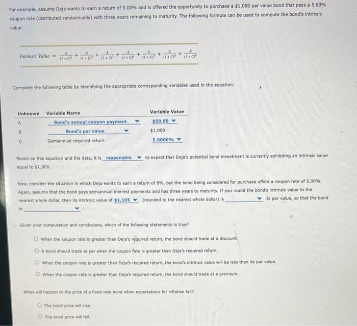 For Example Assume Deja Wants To Earn A Return Of 5 00 And Is Offered The Opportunity To Purchase A 1 000 Par Value B 1