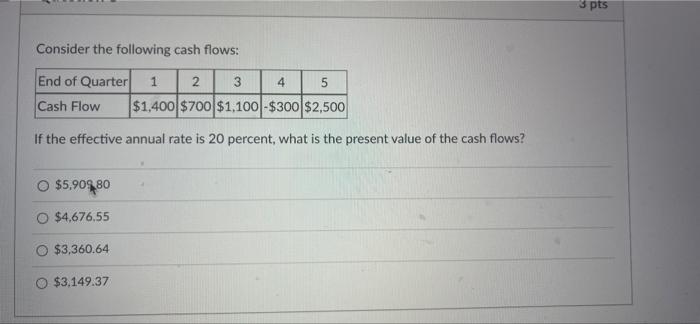 Consider The Following Cash Flows End Of Quarter 1 2 3 4 5 Cash Flow 1 400 700 1 100 300 2 500 If The Effective An 1