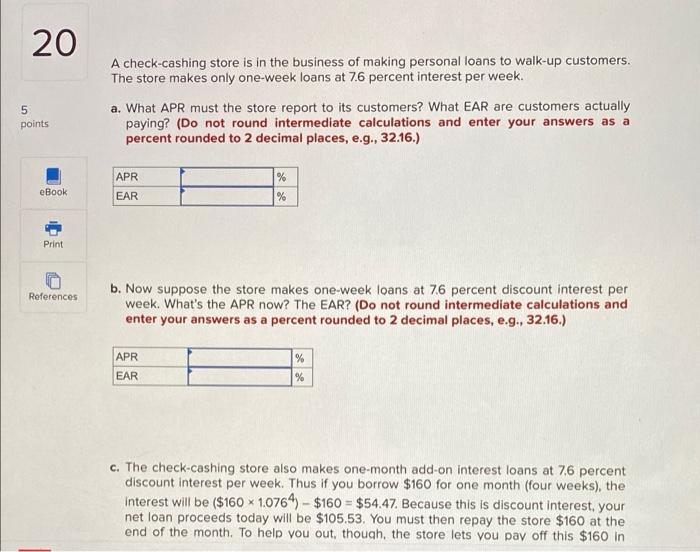 20 5 Points Ebook Print References A Check Cashing Store Is In The Business Of Making Personal Loans To Walk Up Customer 1
