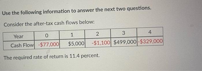 Use The Following Information To Answer The Next Two Questions Consider The After Tax Cash Flows Below Year 0 1 2 3 4 1