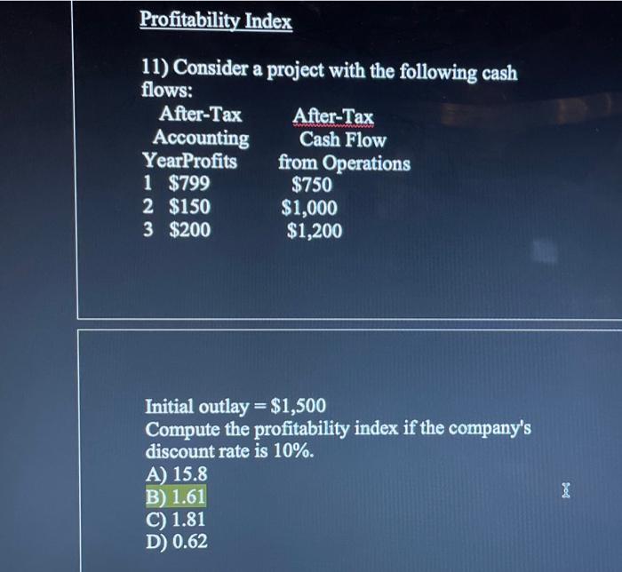 Profitability Index 11 Consider A Project With The Following Cash Flows After Tax After Tax Accounting Yearprofits Cas 1