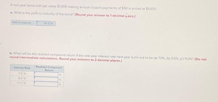 A Two Year Bond With Par Value 1 000 Making Annual Coupon Payments Of 90 Is Priced At 1 000 A What Is The Yield To 1