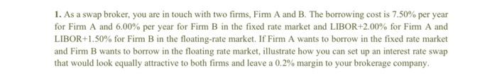 1 As A Swap Broker You Are In Touch With Two Firms Firm A And B The Borrowing Cost Is 7 50 Per Year For Firm A And 1