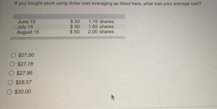 If You Bought Stock Using Dollar Cost Averaging As Listed Here What Was Your Average Cost June 15 July 15 August 15 1