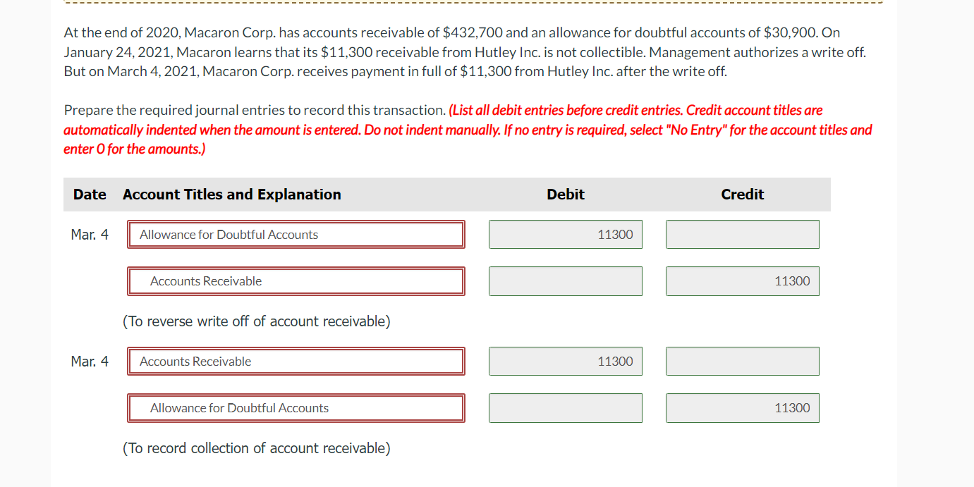 At The End Of 2020 Macaron Corp Has Accounts Receivable Of 432 700 And An Allowance For Doubtful Accounts Of 30 900 1