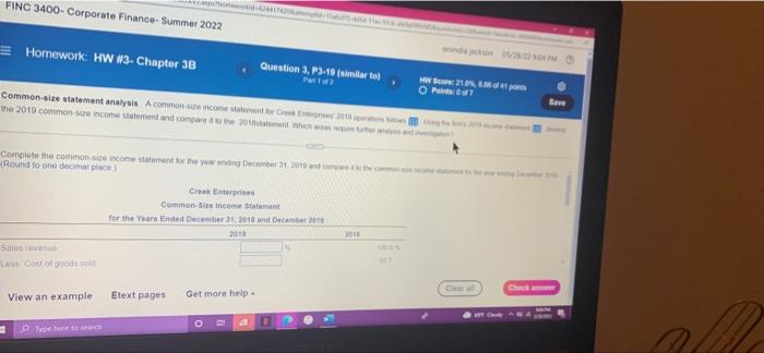 Finc 3400 Corporate Finance Summer 2022 Homework Hw 3 Chapter 3b Question 3 P3 19 Similar To Part 1 Of 2 Hw Sco 1