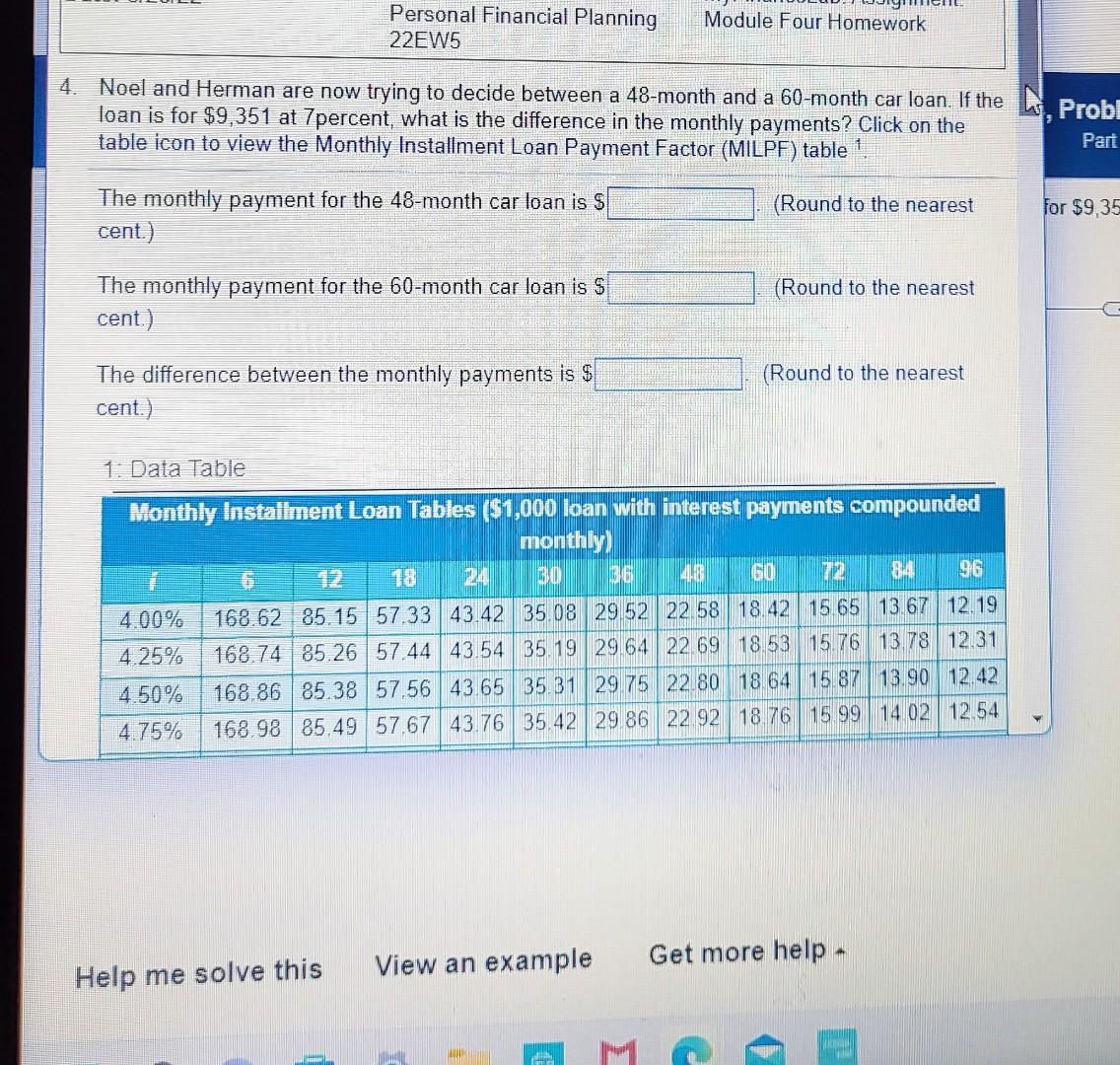 Personal Financial Planning Module Four Homework 22ew5 4 Noel And Herman Are Now Trying To Decide Between A 48 Month An 1