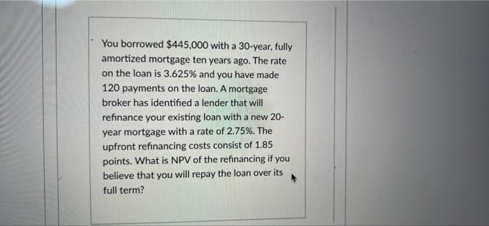 You Borrowed 445 000 With A 30 Year Fully Amortized Mortgage Ten Years Ago The Rate On The Loan Is 3 625 And You Hav 1