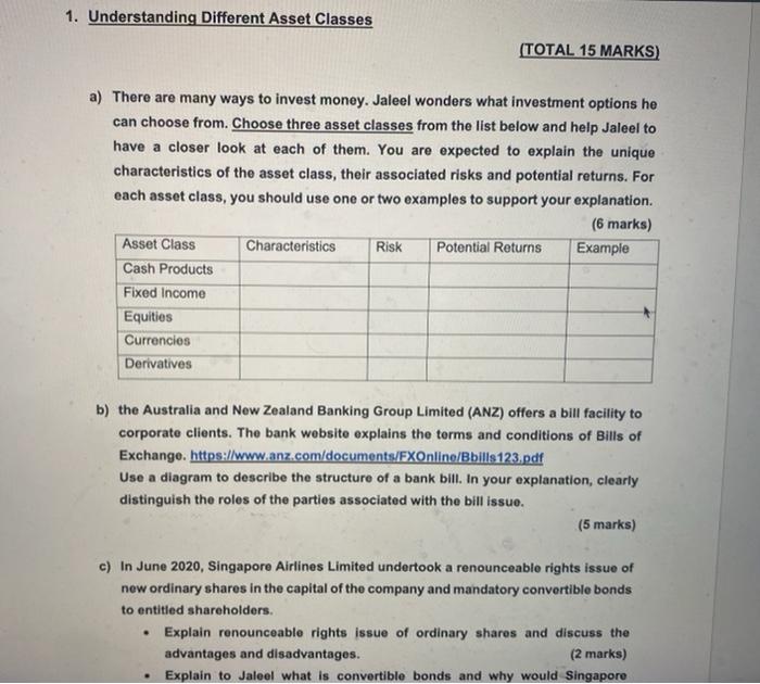 1 Understanding Different Asset Classes Total 15 Marks A There Are Many Ways To Invest Money Jaleel Wonders What In 1