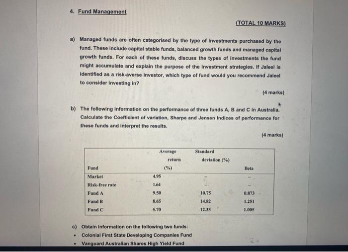 4 Fund Management Total 10 Marks A Managed Funds Are Often Categorised By The Type Of Investments Purchased By The F 1