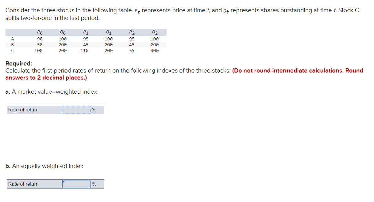 Consider The Three Stocks In The Following Table Pt Represents Price At Time T And Ot Represents Shares Outstanding At 1