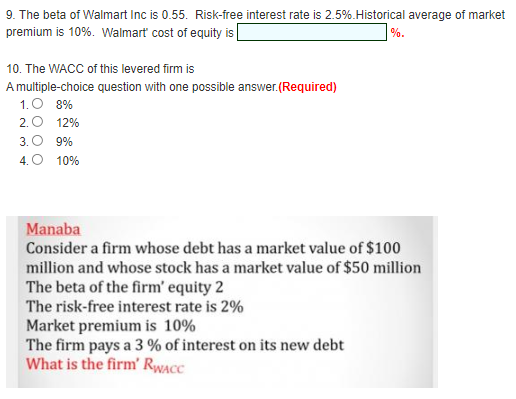 9 The Beta Of Walmart Inc Is 0 55 Risk Free Interest Rate Is 2 5 Historical Average Of Market Premium Is 10 Walmar 1