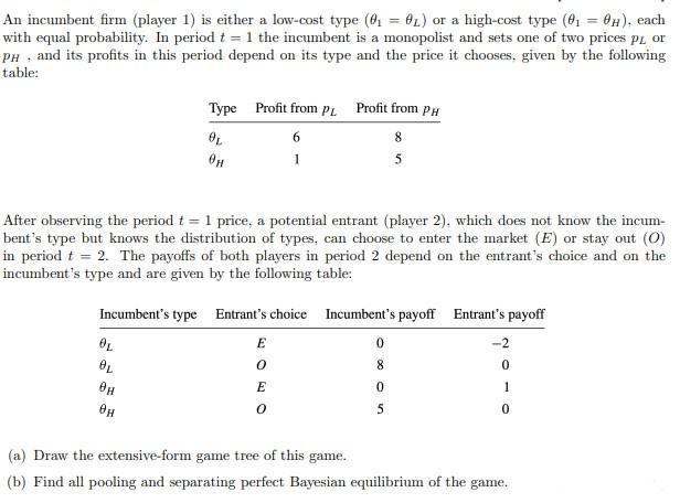 An Incumbent Firm Player 1 Is Either A Low Cost Type 01 0l Or A High Cost Type 0 0h Each With Equal Probabil 1