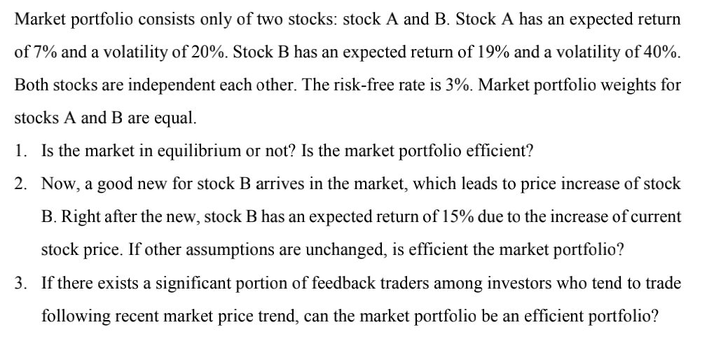 Market Portfolio Consists Only Of Two Stocks Stock A And B Stock A Has An Expected Return Of 7 And A Volatility Of 20 1