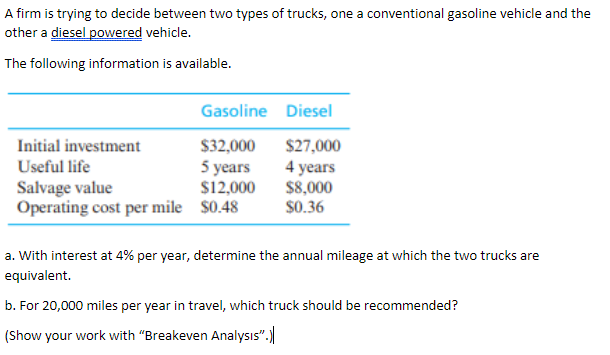 A Firm Is Trying To Decide Between Two Types Of Trucks One A Conventional Gasoline Vehicle And The Other A Diesel Power 1