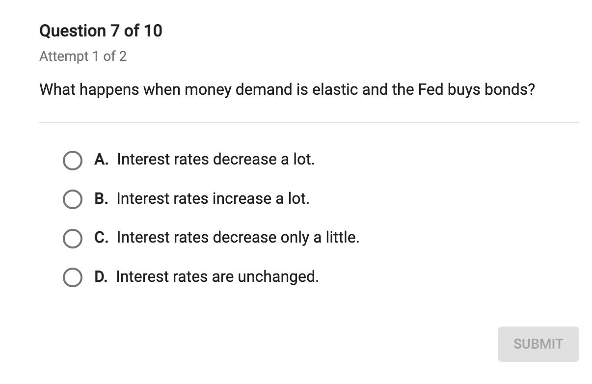 Question 7 Of 10 Attempt 1 Of 2 What Happens When Money Demand Is Elastic And The Fed Buys Bonds A Interest Rates Decr 1