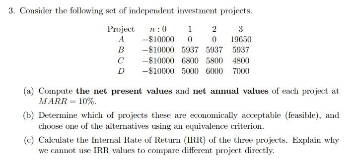 3 Consider The Following Set Of Independent Investment Projects 1 2 3 Project A B N 0 10000 0 0 19650 10000 5937 1