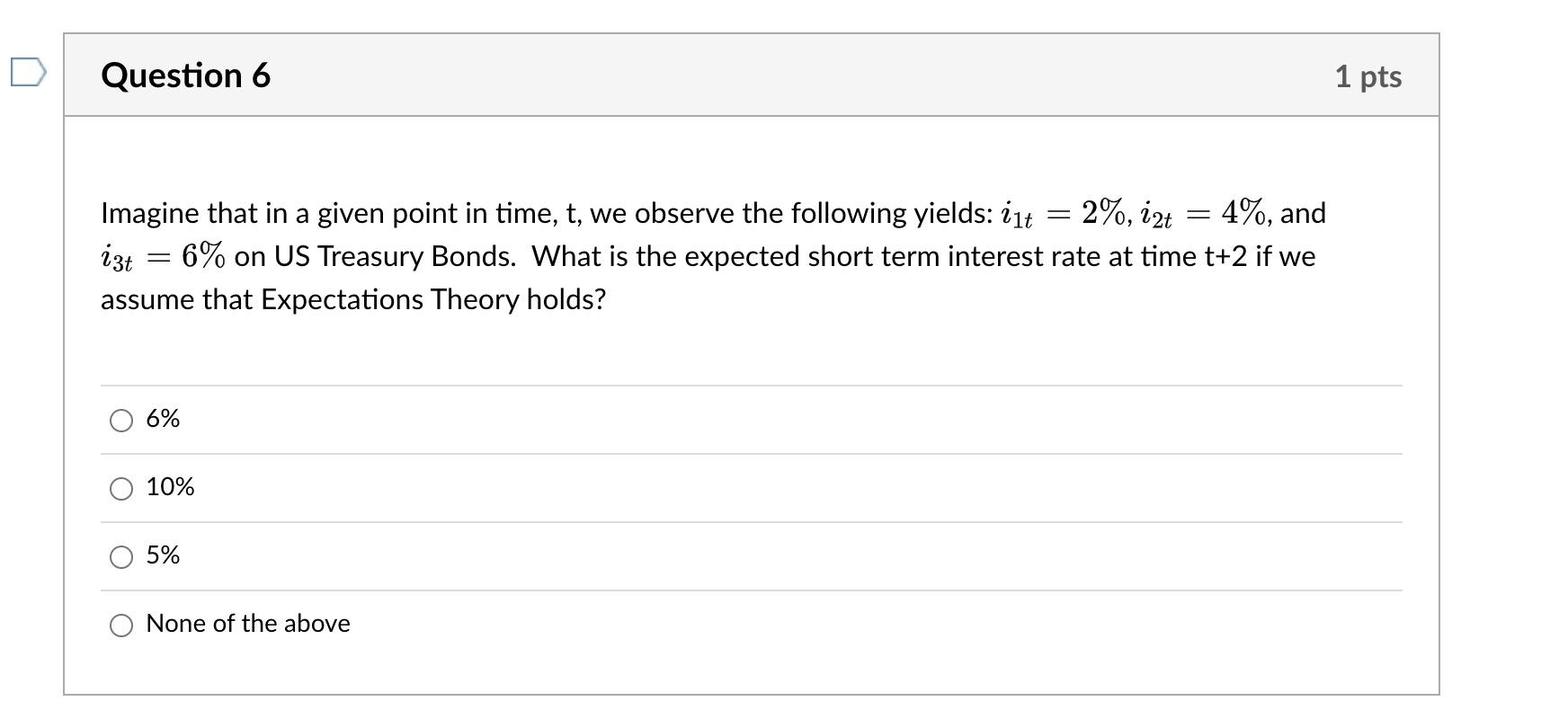 Question 6 2 I2t 4 And Imagine That In A Given Point In Time T We Observe The Following Yields I1t 6 On Us T 1