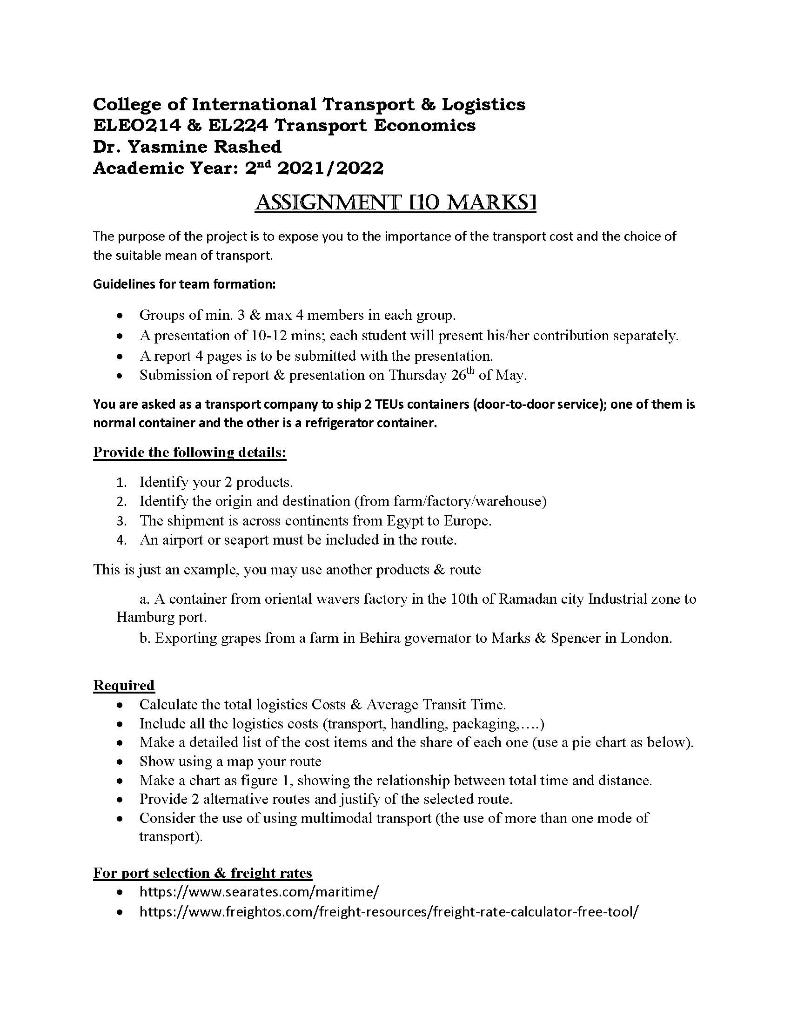 College Of International Transport Logistics Eleo214 El224 Transport Economics Dr Yasmine Rashed Academic Year 2nd 1