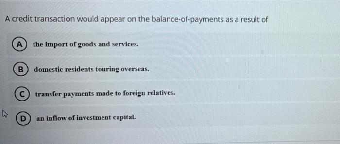 A Credit Transaction Would Appear On The Balance Of Payments As A Result Of A The Import Of Goods And Services B Dome 1