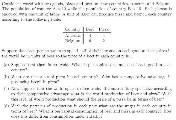 Consider A World With Two Goods Pizza And Beer And Two Countries America And Belgium The Population Of Country A Is 1