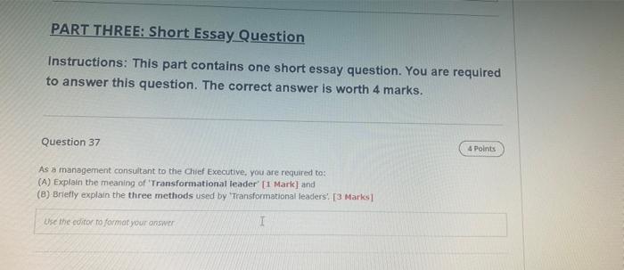 Part Three Short Essay Question Instructions This Part Contains One Short Essay Question You Are Required To Answer T 1