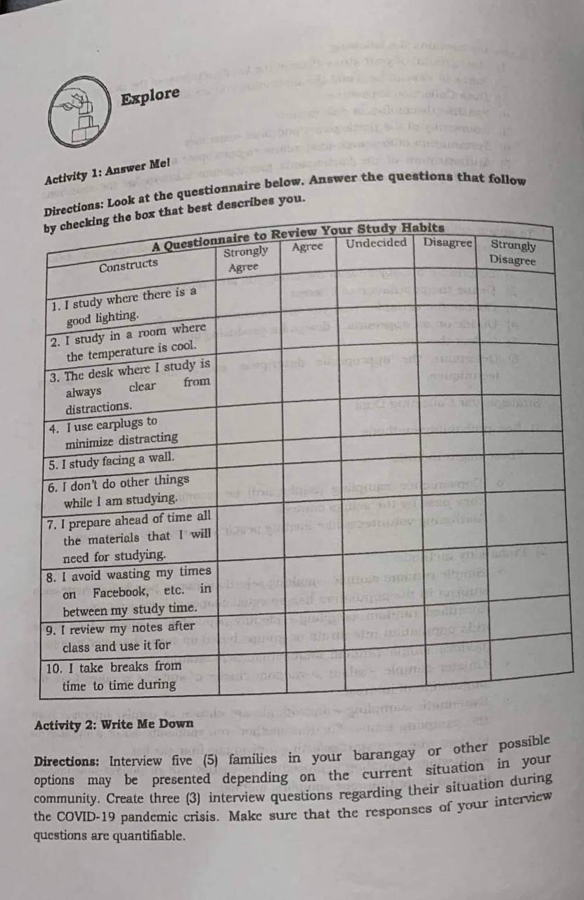 Explore Activity 1 Answer Melg Directions Look At The Questionnaire Below Answer The Questions That Follow By Checkin 1