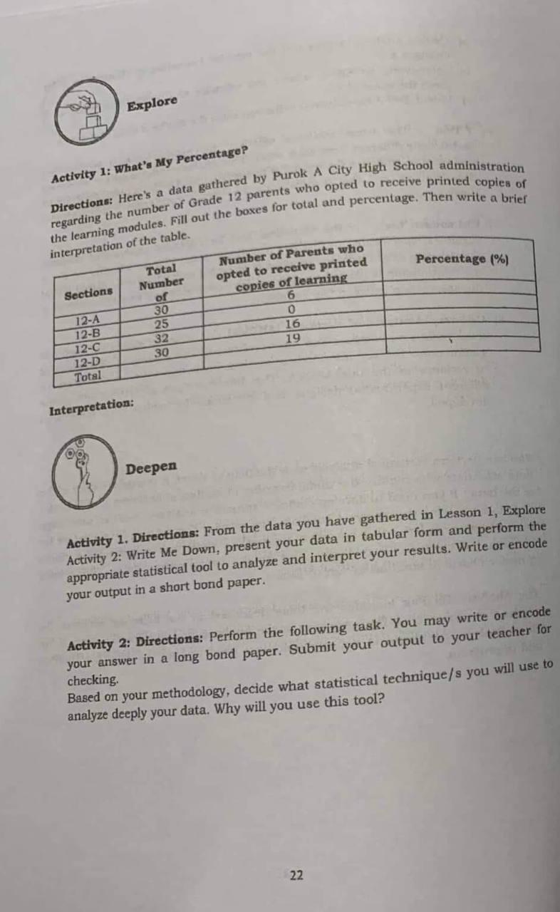 Explore Activity 1 What S My Percentage Directions Here S A Data Gathered By Purok A City High School Administration 1