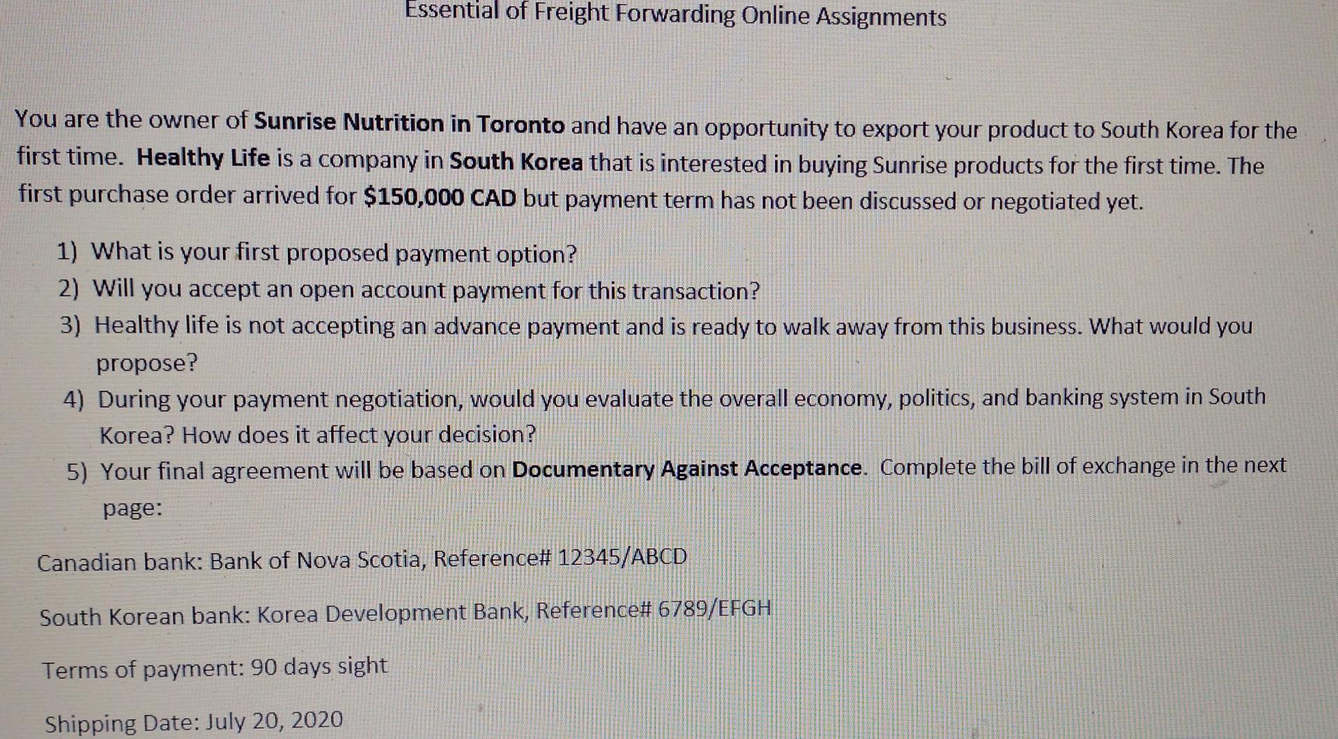 Essential Of Freight Forwarding Online Assignments You Are The Owner Of Sunrise Nutrition In Toronto And Have An Opportu 1