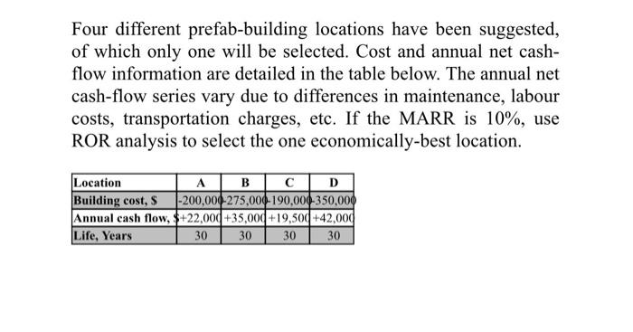 Four Different Prefab Building Locations Have Been Suggested Of Which Only One Will Be Selected Cost And Annual Net Ca 1