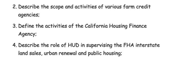 2 Describe The Scope And Activities Of Various Farm Credit Agencies 3 Define The Activities Of The California Housing 1