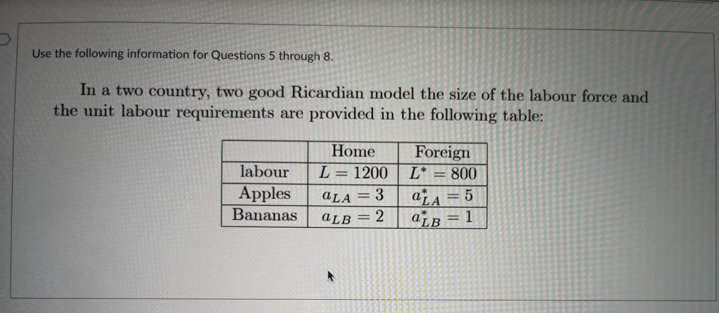 Use The Following Information For Questions 5 Through 8 In A Two Country Two Good Ricardian Model The Size Of The Labo 1