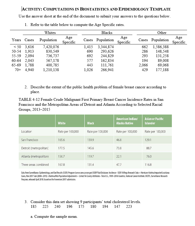 Activity Computations In Biostatistics And Epidemiology Template Use The Answer Sheet At The End Of The Document To Sub 1